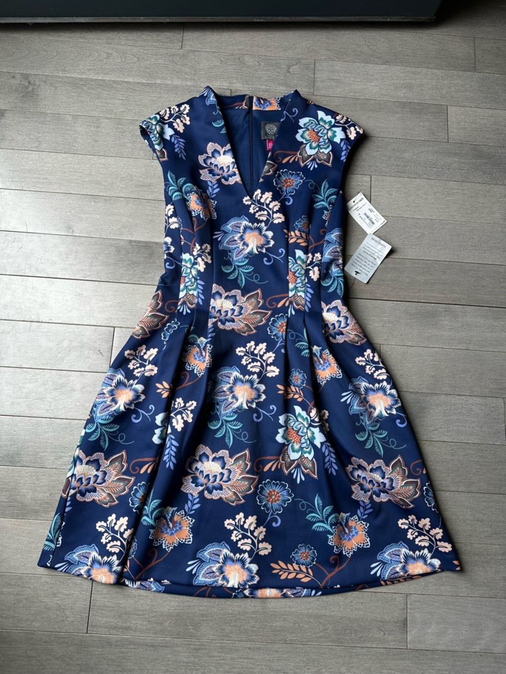 Women’s Vince Camuto Blue Floral Electric Lines A Line Sleeveless Dress NWT Sz 6